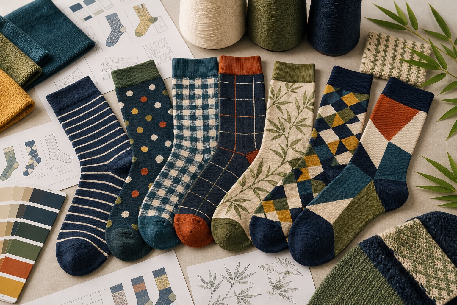 Adult custom fashion bamboo socks in coordinated stripes, dots, checks, botanical and geometric patterns
