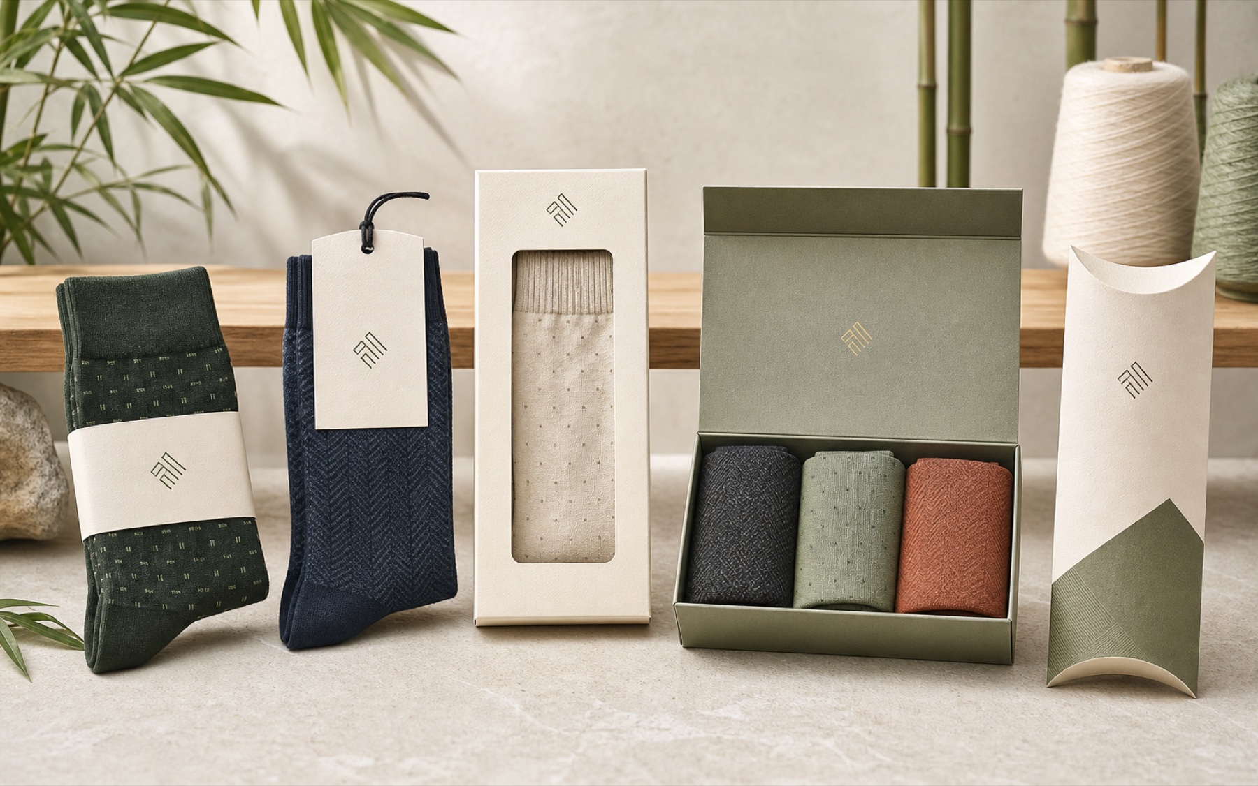 Adult bamboo sock packaging options including belly bands, hang tags, gift boxes and multi-pair packs