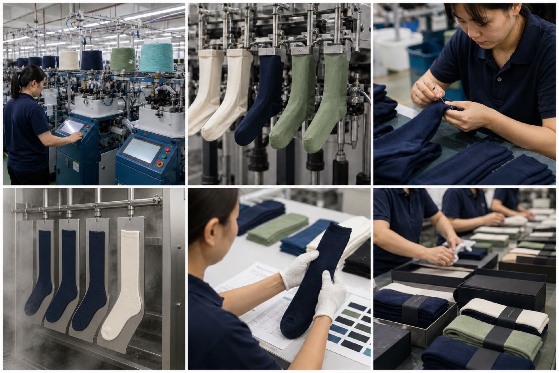 Representative bamboo sock factory process views showing machines, knitting, flat metal sock boarding, inspection and packing