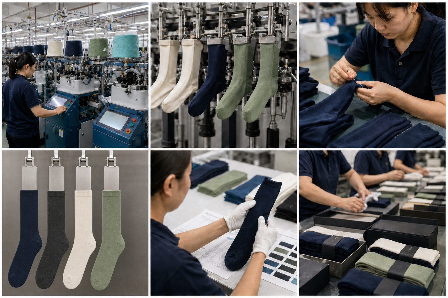 Representative bamboo sock factory process views showing machines, knitting, socks fully fitted over flat metal boarding forms, inspection and packing