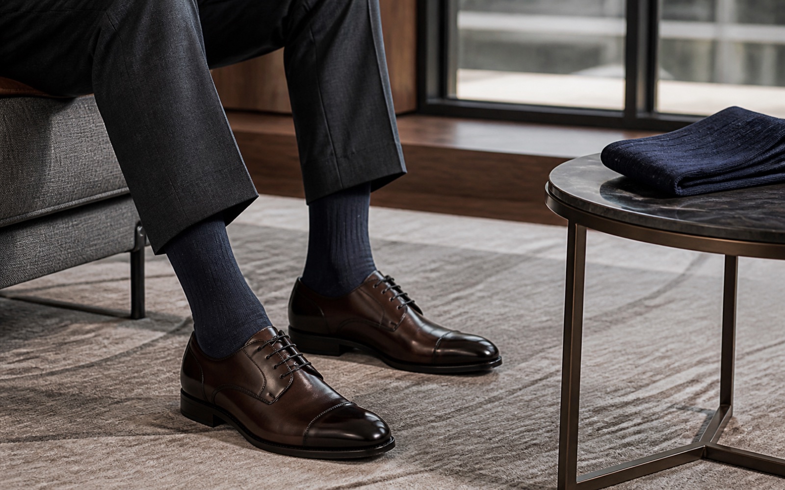 Adult business socks worn with formal shoes