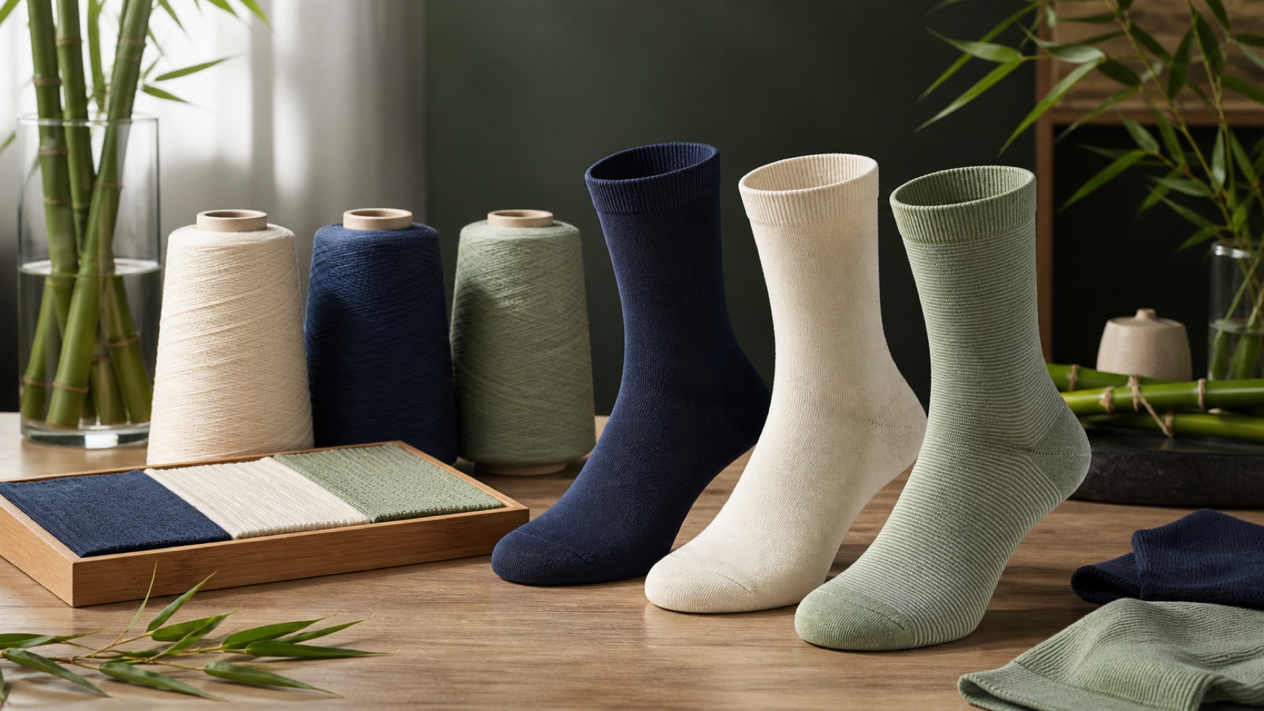 Bamboo stalks, bamboo-derived viscose yarn, fine-gauge swatches and finished adult socks