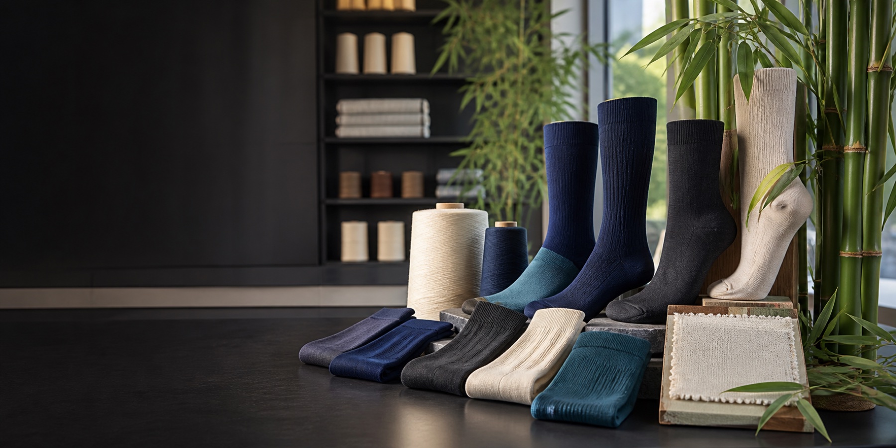 Adult bamboo-blend socks displayed with bamboo stalks, leaves and yarn for wholesale buyers