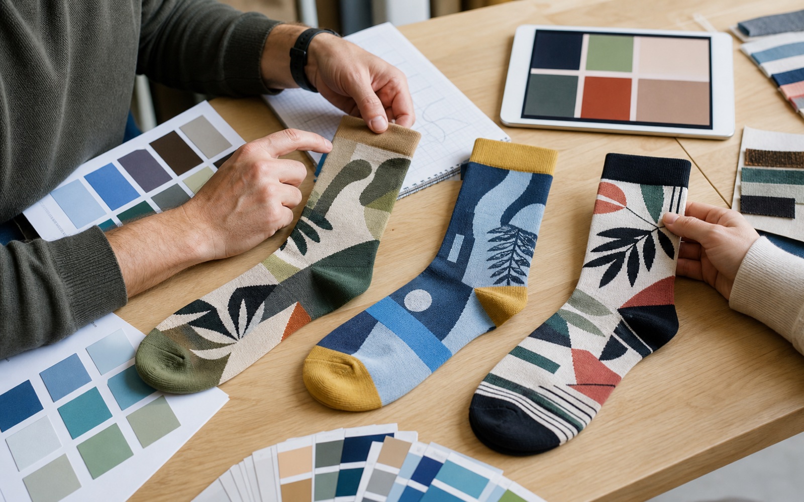 Sock artwork and color development at a design table