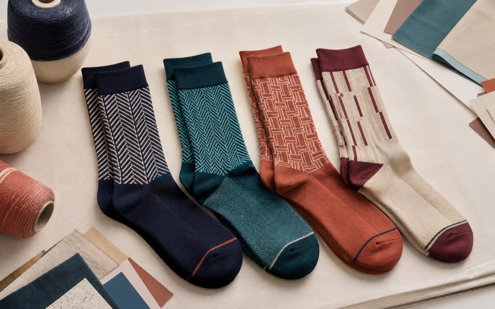Colorful patterned crew socks with coordinated yarn colors