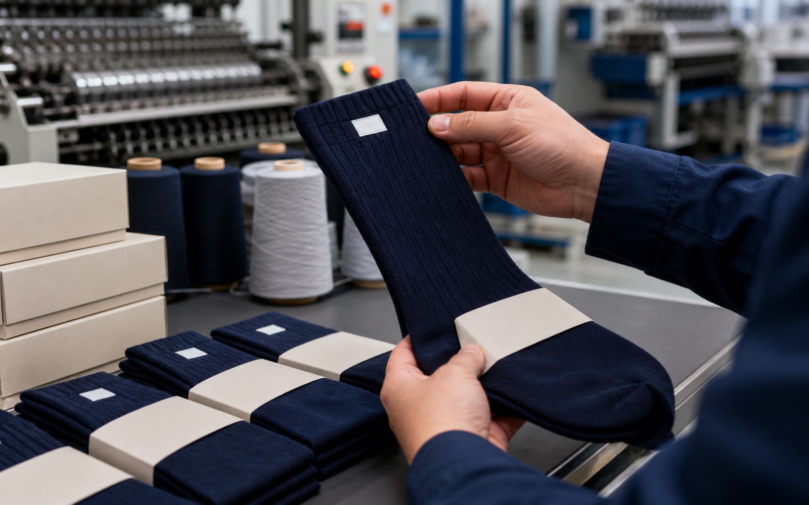 Private-label logo socks being reviewed in a knitting workspace
